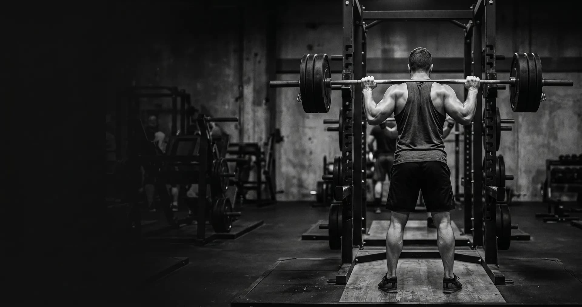 An athlete performing a barbell back squat in a dimly lit gym